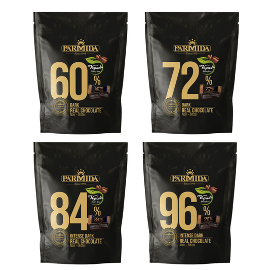 Dark Chocolate Mini Pouches 60%, 72%, 84%, 96% Bundle –4 x 70g