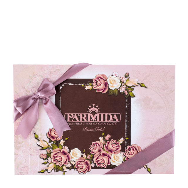 Parmida Rose Gold Gift Box – Individually Wrapped Mini Chocolate Bars – Assorted Flavours: Dark, Cocoa, Coffee, Milk, White – Elegant Luxury Chocolate Gift – 162g