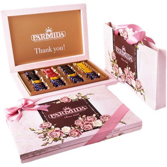 Parmida Rose Gold Gift Box – Individually Wrapped Mini Chocolate Bars – Assorted Flavours: Dark, Cocoa, Coffee, Milk, White – Elegant Luxury Chocolate Gift – 162g